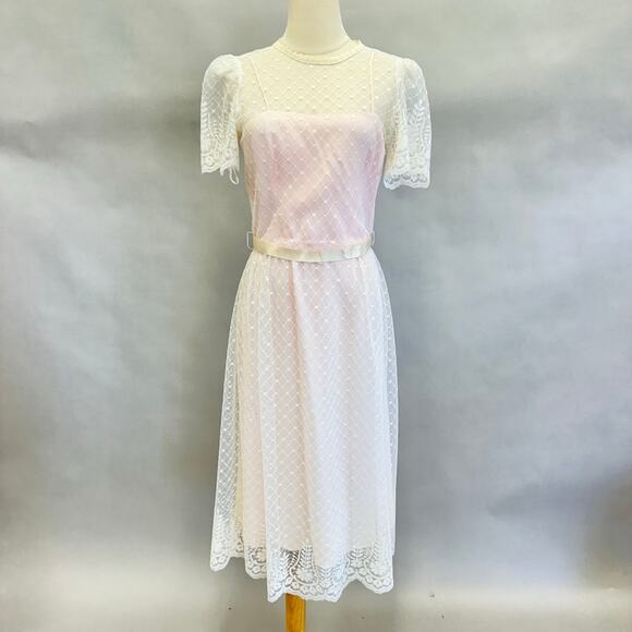 Vintage 70s dot lace overlay taffeta short sleeve midi dress ribbon belt size 11 - Picture 16 of 16
